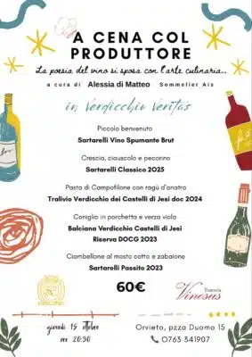 Cena 1510 – Orvieto | Orvietoviva Event Poster for a Wine Dinner Titled 'a Cena Col Produttore' with Illustrated Bottles, Course List, €60 Price, and Date/location Details in Orvieto. Orvietoviva - Informazioni Turistiche, Eventi Della Città Umbra Di Orvieto. Consigli Per Visitare Orvieto, Cosa Vedere E Fare a Orvieto, Dormire E Mangiare
